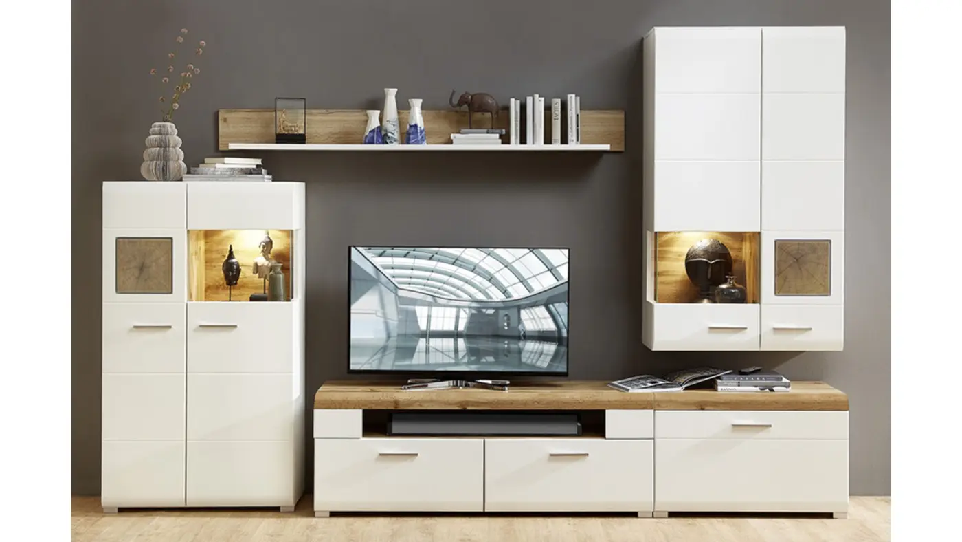 Wohnkombination Weiß matt Nachbildung, Hirnholz, Eiche Altholz Nb. - 10A1WW81 FUN PLUS